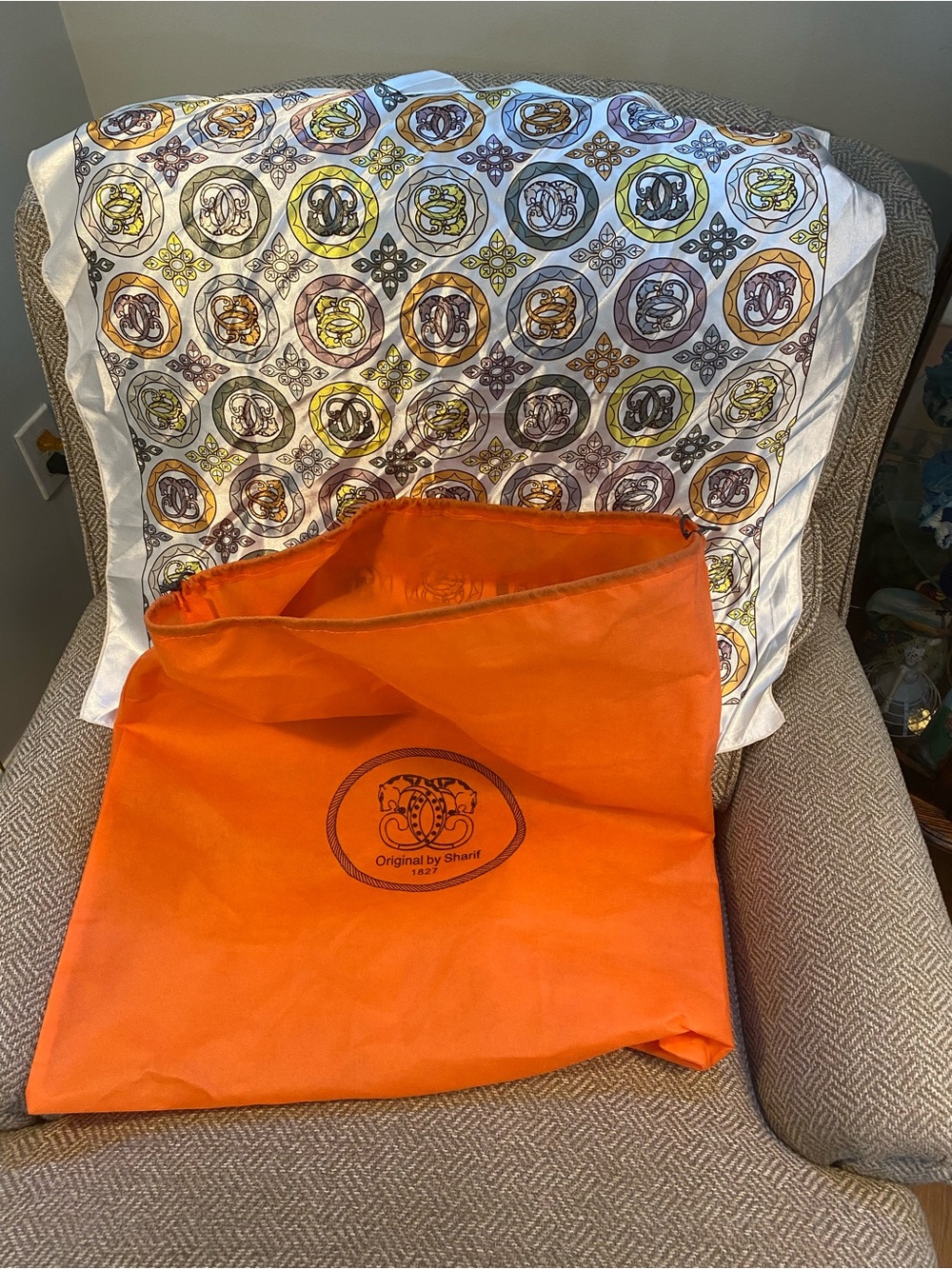 Sharif Silk-Feel Decorative Scarf  White, Yellow & Brown Orange drawstring  bag